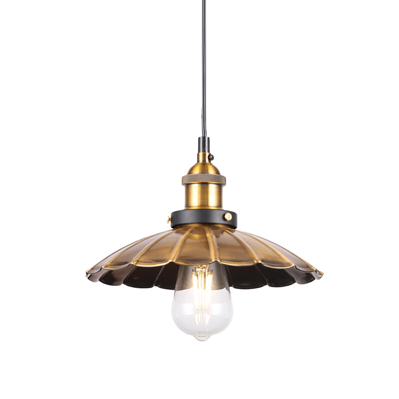 Antique Gold 1-Light Pendant Lighting Retro Iron Lid/Flat/Hammered Cone Hanging Light Fixture over Dining Table Clearhalo 'Art Deco Pendants' 'Cast Iron' 'Ceiling Lights' 'Ceramic' 'Crystal' 'Industrial Pendants' 'Industrial' 'Metal' 'Middle Century Pendants' 'Pendant Lights' 'Pendants' 'Tiffany' Lighting' 1457114