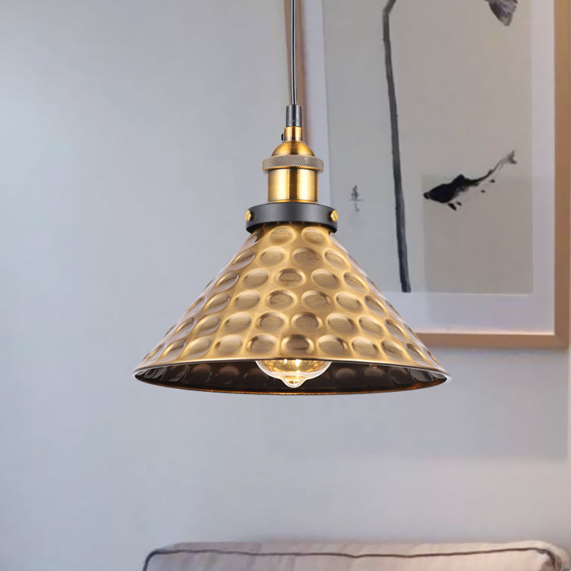 Antique Gold 1-Light Pendant Lighting Retro Iron Lid/Flat/Hammered Cone Hanging Light Fixture over Dining Table Clearhalo 'Art Deco Pendants' 'Cast Iron' 'Ceiling Lights' 'Ceramic' 'Crystal' 'Industrial Pendants' 'Industrial' 'Metal' 'Middle Century Pendants' 'Pendant Lights' 'Pendants' 'Tiffany' Lighting' 1457122
