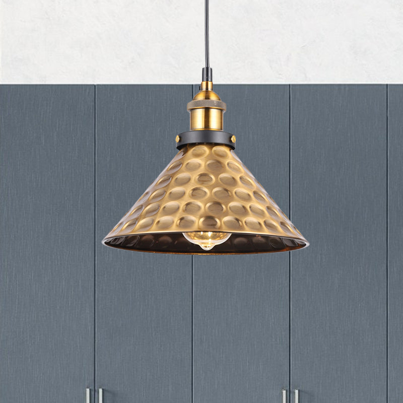 Antique Gold 1-Light Pendant Lighting Retro Iron Lid/Flat/Hammered Cone Hanging Light Fixture over Dining Table Clearhalo 'Art Deco Pendants' 'Cast Iron' 'Ceiling Lights' 'Ceramic' 'Crystal' 'Industrial Pendants' 'Industrial' 'Metal' 'Middle Century Pendants' 'Pendant Lights' 'Pendants' 'Tiffany' Lighting' 1457123