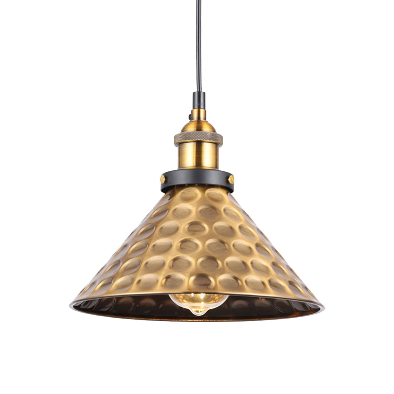 Antique Gold 1-Light Pendant Lighting Retro Iron Lid/Flat/Hammered Cone Hanging Light Fixture over Dining Table Clearhalo 'Art Deco Pendants' 'Cast Iron' 'Ceiling Lights' 'Ceramic' 'Crystal' 'Industrial Pendants' 'Industrial' 'Metal' 'Middle Century Pendants' 'Pendant Lights' 'Pendants' 'Tiffany' Lighting' 1457124