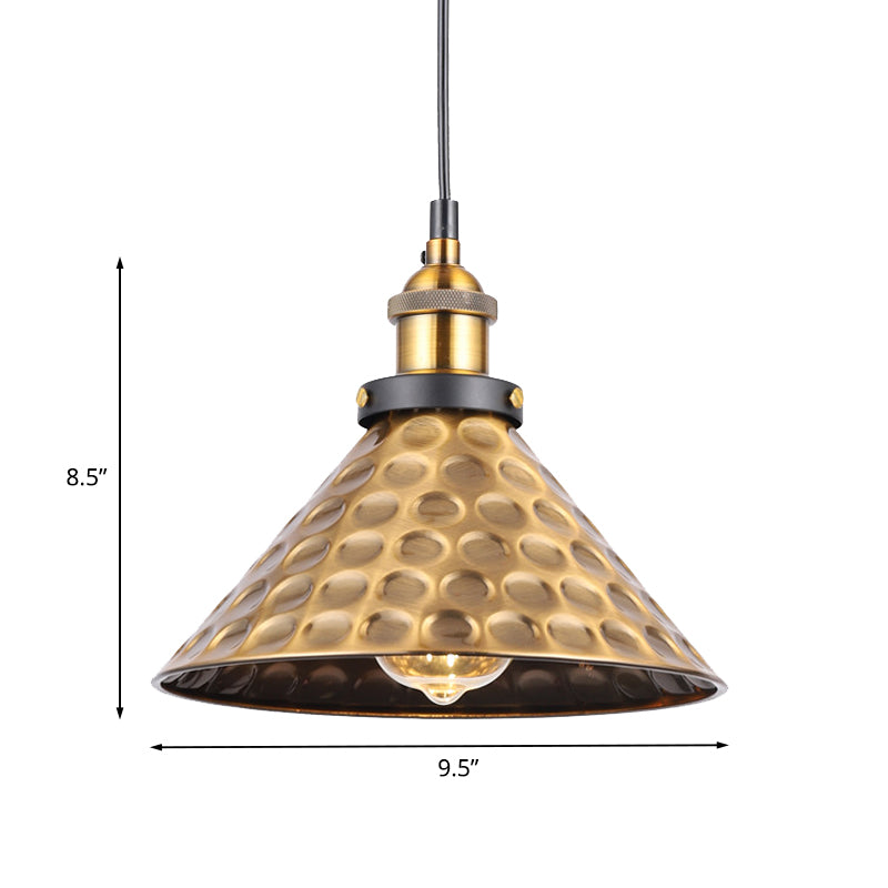 Antique Gold 1-Light Pendant Lighting Retro Iron Lid/Flat/Hammered Cone Hanging Light Fixture over Dining Table Clearhalo 'Art Deco Pendants' 'Cast Iron' 'Ceiling Lights' 'Ceramic' 'Crystal' 'Industrial Pendants' 'Industrial' 'Metal' 'Middle Century Pendants' 'Pendant Lights' 'Pendants' 'Tiffany' Lighting' 1457125
