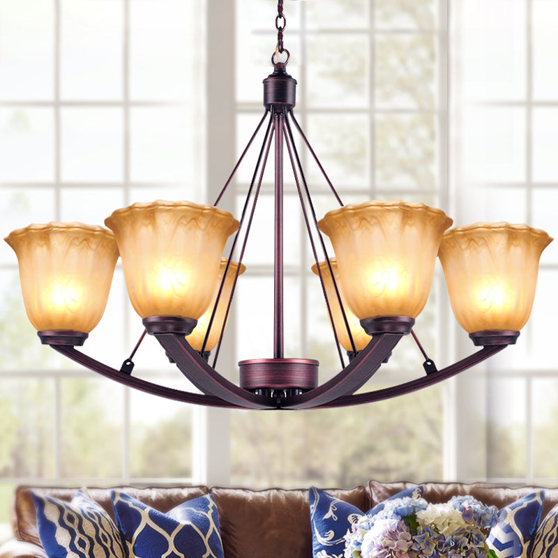 Antique Bell Chandelier Pendant Light 6/8 Bulbs Frosted Glass Hanging Lamp in Copper for Living Room Clearhalo 'Ceiling Lights' 'Chandeliers' Lighting' options 1457146