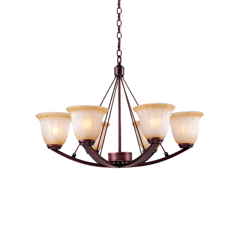 Antique Bell Chandelier Pendant Light 6/8 Bulbs Frosted Glass Hanging Lamp in Copper for Living Room Clearhalo 'Ceiling Lights' 'Chandeliers' Lighting' options 1457148