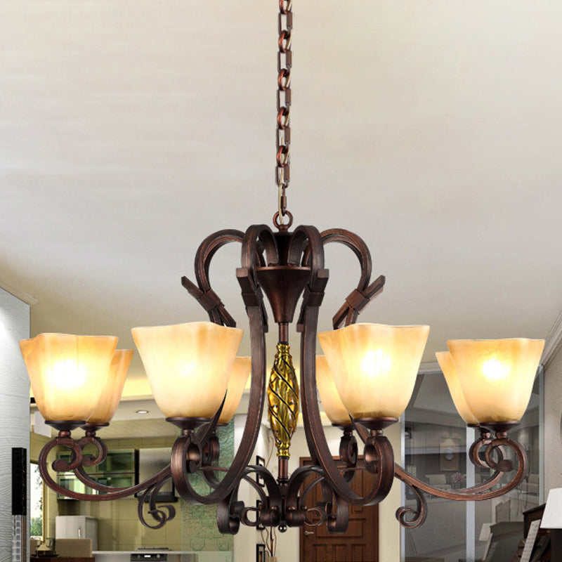 Pyramid Living Room Chandelier Lighting Antique Beige Glass 6/8 Heads Brown Suspension Light 8 Brown Clearhalo 'Ceiling Lights' 'Chandeliers' Lighting' options 1457160_314bebd4-852b-4406-bb2b-b5da88dd6347