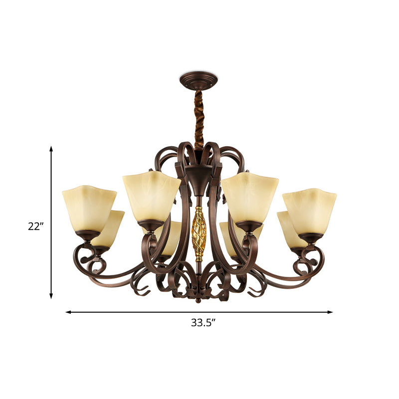 Pyramid Living Room Chandelier Lighting Antique Beige Glass 6/8 Heads Brown Suspension Light Clearhalo 'Ceiling Lights' 'Chandeliers' Lighting' options 1457164