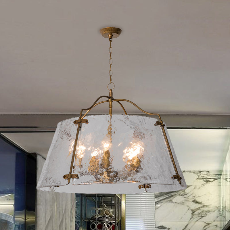 Brass Conic Chandelier Light Fixture Vintage Clear Ripple Glass 3/5 Lights Dining Room Ceiling Lamp 5 Brass Clearhalo 'Ceiling Lights' 'Chandeliers' 'Close To Ceiling Lights' 'Glass shade' 'Glass' 'Island Lights' Lighting' 1457170