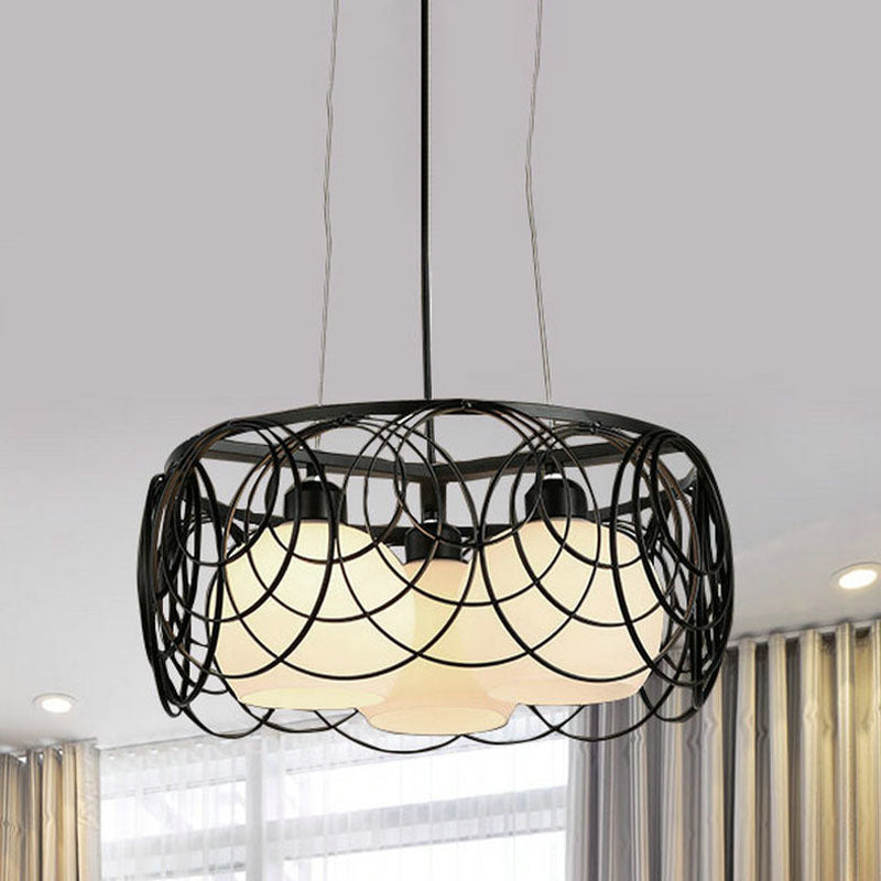 Retro Spherical Hanging Chandelier 3 Bulbs Milky Glass Down Lighting Pendant in Black with Round Cage Clearhalo 'Ceiling Lights' 'Chandeliers' Lighting' options 1457175