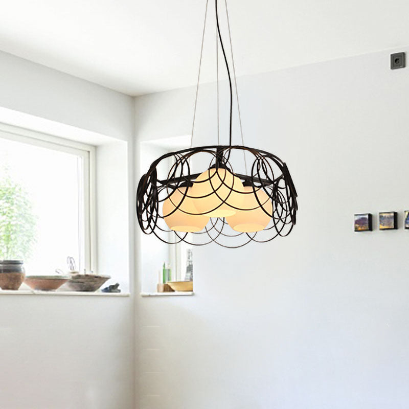 Retro Spherical Hanging Chandelier 3 Bulbs Milky Glass Down Lighting Pendant in Black with Round Cage Clearhalo 'Ceiling Lights' 'Chandeliers' Lighting' options 1457176