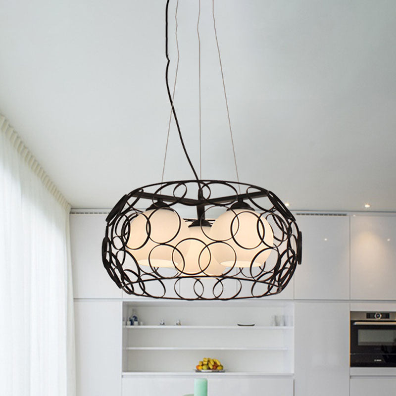 Retro Spherical Hanging Chandelier 3 Bulbs Milky Glass Down Lighting Pendant in Black with Round Cage Clearhalo 'Ceiling Lights' 'Chandeliers' Lighting' options 1457177