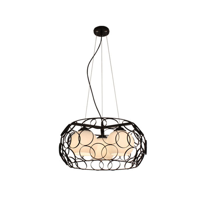 Retro Spherical Hanging Chandelier 3 Bulbs Milky Glass Down Lighting Pendant in Black with Round Cage Clearhalo 'Ceiling Lights' 'Chandeliers' Lighting' options 1457178