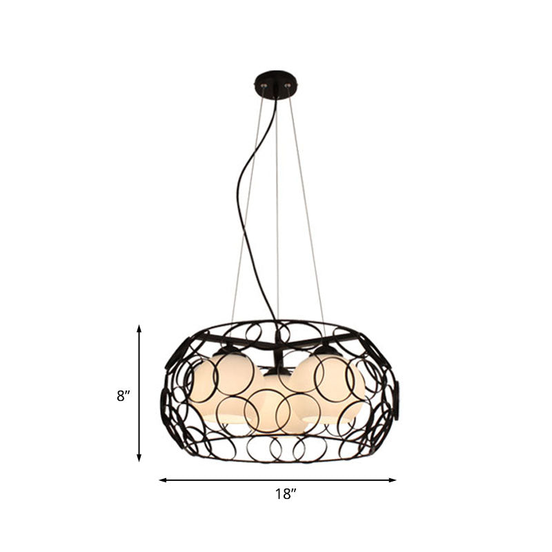 Retro Spherical Hanging Chandelier 3 Bulbs Milky Glass Down Lighting Pendant in Black with Round Cage Clearhalo 'Ceiling Lights' 'Chandeliers' Lighting' options 1457179