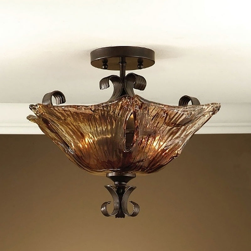 Black Flower Semi Flush Light Traditionalism Amber Glass 3 Lights Living Room Ceiling Lighting Black Clearhalo 'Ceiling Lights' 'Close To Ceiling Lights' 'Close to ceiling' 'Glass shade' 'Glass' 'Semi-flushmount' Lighting' 1457195