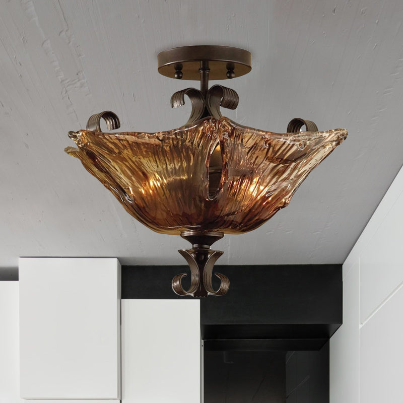 Black Flower Semi Flush Light Traditionalism Amber Glass 3 Lights Living Room Ceiling Lighting Clearhalo 'Ceiling Lights' 'Close To Ceiling Lights' 'Close to ceiling' 'Glass shade' 'Glass' 'Semi-flushmount' Lighting' 1457197