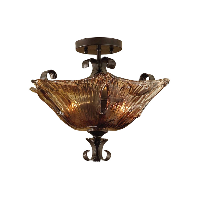 Black Flower Semi Flush Light Traditionalism Amber Glass 3 Lights Living Room Ceiling Lighting Clearhalo 'Ceiling Lights' 'Close To Ceiling Lights' 'Close to ceiling' 'Glass shade' 'Glass' 'Semi-flushmount' Lighting' 1457198