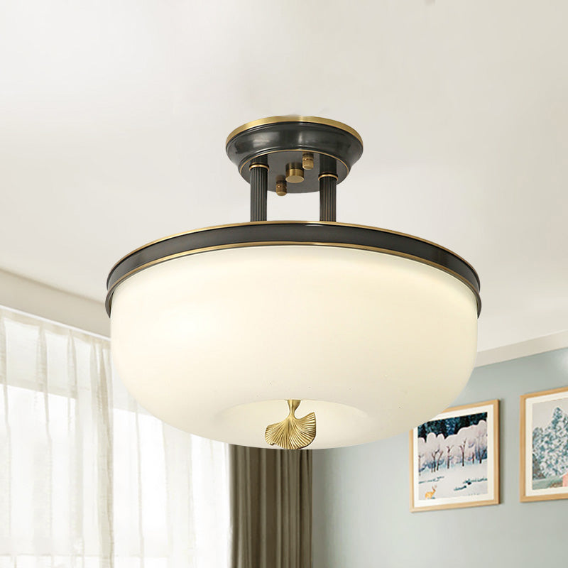 Traditionalism Bowl Semi Flush Mount Frosted Glass LED Close to Ceiling Lighting Fixture in Black/Gold, 12"/16" Width Black Clearhalo 'Ceiling Lights' 'Close To Ceiling Lights' 'Close to ceiling' 'Glass shade' 'Glass' 'Pendant Lights' 'Semi-flushmount' Lighting' 1457205