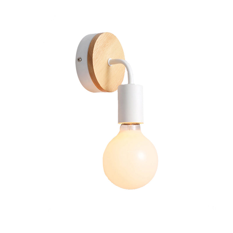 Nordic Stylish Bare Bulb Wall Light Sconce Metal and Wood 1 Light Bedroom Wall Lamp with Curved Arm in White Clearhalo 'Cast Iron' 'Glass' 'Industrial' 'Modern wall lights' 'Modern' 'Tiffany' 'Traditional wall lights' 'Wall Lamps & Sconces' 'Wall Lights' Lighting' 145725