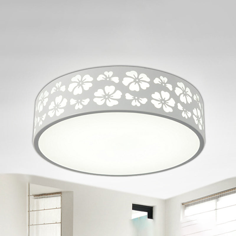 Iron Carved Drum Ceiling Lighting Modernist White LED Flush-Mount Light Fixture with Recessed Diffuser, 12"/16"/19.5" Dia White 19.5" Clearhalo 'Ceiling Lights' 'Close To Ceiling Lights' 'Close to ceiling' 'Flush mount' Lighting' 1457250