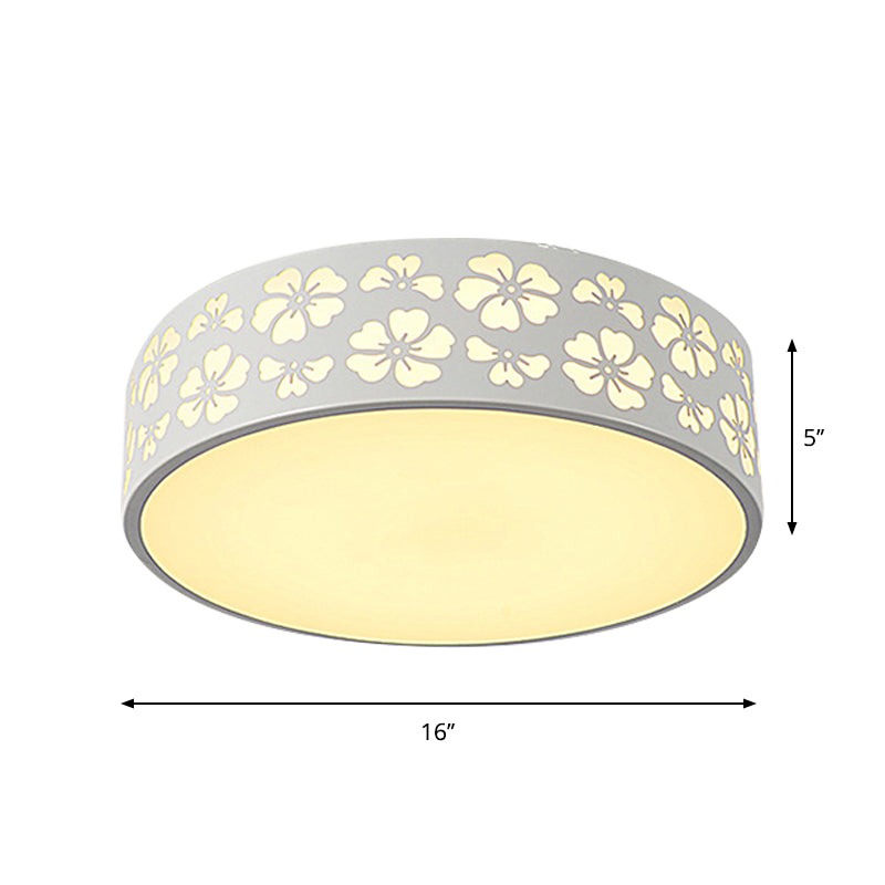 Iron Carved Drum Ceiling Lighting Modernist White LED Flush-Mount Light Fixture with Recessed Diffuser, 12"/16"/19.5" Dia Clearhalo 'Ceiling Lights' 'Close To Ceiling Lights' 'Close to ceiling' 'Flush mount' Lighting' 1457259