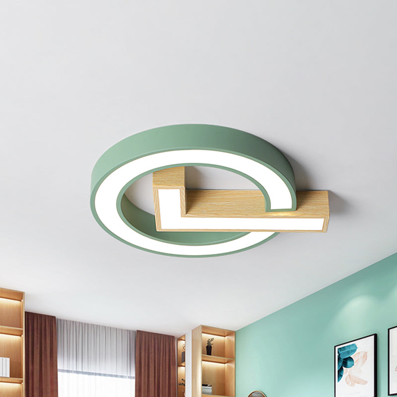 Nordic Checkmark Wood Flush Mount Lamp 18/22 Inches Wide LED Ceiling Mount Lighting in Grey/Green, Warm/White Light Green Clearhalo 'Ceiling Lights' 'Close To Ceiling Lights' 'Close to ceiling' 'Flush mount' Lighting' 1457512