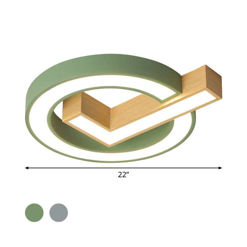 Nordic Checkmark Wood Flush Mount Lamp 18/22 Inches Wide LED Ceiling Mount Lighting in Grey/Green, Warm/White Light Clearhalo 'Ceiling Lights' 'Close To Ceiling Lights' 'Close to ceiling' 'Flush mount' Lighting' 1457516