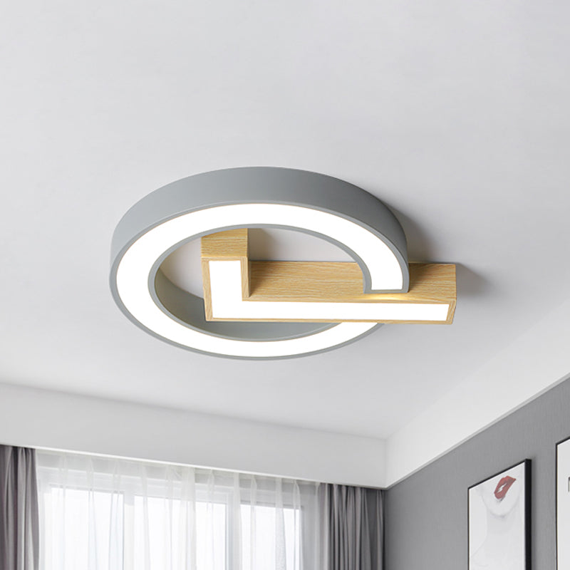 Nordic Checkmark Wood Flush Mount Lamp 18/22 Inches Wide LED Ceiling Mount Lighting in Grey/Green, Warm/White Light Grey Clearhalo 'Ceiling Lights' 'Close To Ceiling Lights' 'Close to ceiling' 'Flush mount' Lighting' 1457518