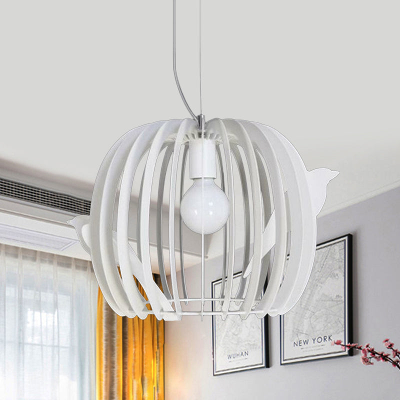 Drum Shaped Birdcage Pendant Lamp Modern Iron 1 Bulb Dinette Hanging Ceiling Light in White with Bird Decor White Clearhalo 'Ceiling Lights' 'Modern Pendants' 'Modern' 'Pendant Lights' 'Pendants' Lighting' 1457539