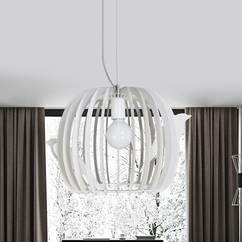 Drum Shaped Birdcage Pendant Lamp Modern Iron 1 Bulb Dinette Hanging Ceiling Light in White with Bird Decor Clearhalo 'Ceiling Lights' 'Modern Pendants' 'Modern' 'Pendant Lights' 'Pendants' Lighting' 1457540