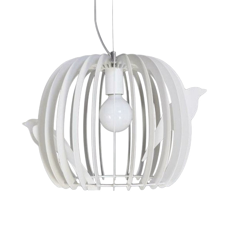 Drum Shaped Birdcage Pendant Lamp Modern Iron 1 Bulb Dinette Hanging Ceiling Light in White with Bird Decor Clearhalo 'Ceiling Lights' 'Modern Pendants' 'Modern' 'Pendant Lights' 'Pendants' Lighting' 1457542