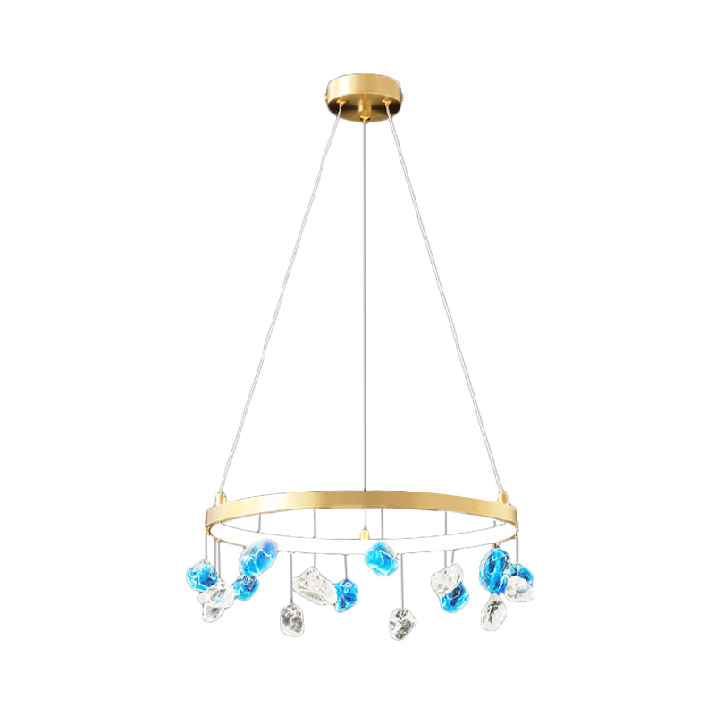 Mid Century Circle LED Chandelier Metal Lounge Pendant Lighting in Gold with Colored Gem Droplet, 16"/19.5" Wide Clearhalo 'Ceiling Lights' 'Chandeliers' 'Modern Chandeliers' 'Modern' Lighting' 1457551