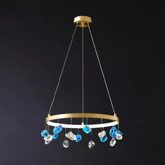 Mid Century Circle LED Chandelier Metal Lounge Pendant Lighting in Gold with Colored Gem Droplet, 16"/19.5" Wide Clearhalo 'Ceiling Lights' 'Chandeliers' 'Modern Chandeliers' 'Modern' Lighting' 1457552