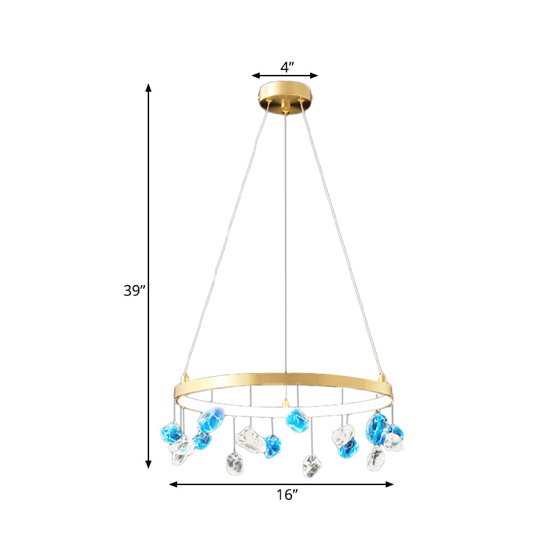 Mid Century Circle LED Chandelier Metal Lounge Pendant Lighting in Gold with Colored Gem Droplet, 16"/19.5" Wide Clearhalo 'Ceiling Lights' 'Chandeliers' 'Modern Chandeliers' 'Modern' Lighting' 1457553