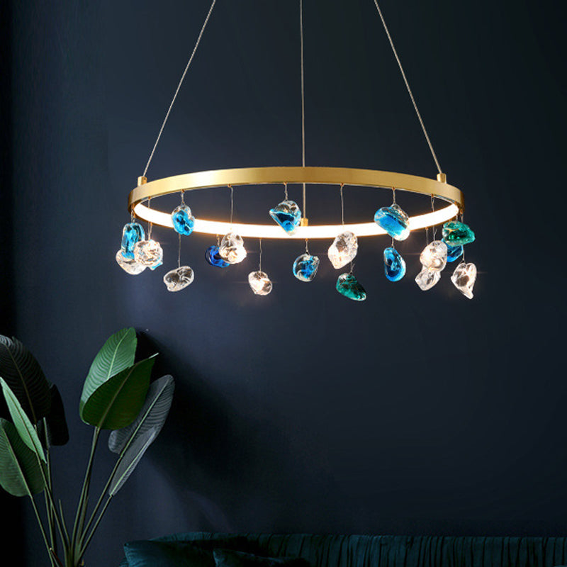 Mid Century Circle LED Chandelier Metal Lounge Pendant Lighting in Gold with Colored Gem Droplet, 16"/19.5" Wide Gold 19.5" Clearhalo 'Ceiling Lights' 'Chandeliers' 'Modern Chandeliers' 'Modern' Lighting' 1457554