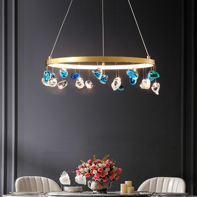 Mid Century Circle LED Chandelier Metal Lounge Pendant Lighting in Gold with Colored Gem Droplet, 16"/19.5" Wide Clearhalo 'Ceiling Lights' 'Chandeliers' 'Modern Chandeliers' 'Modern' Lighting' 1457555