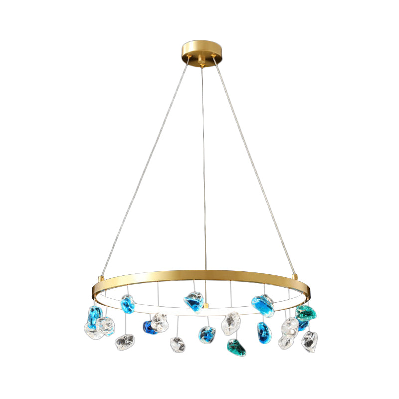 Mid Century Circle LED Chandelier Metal Lounge Pendant Lighting in Gold with Colored Gem Droplet, 16"/19.5" Wide Clearhalo 'Ceiling Lights' 'Chandeliers' 'Modern Chandeliers' 'Modern' Lighting' 1457556