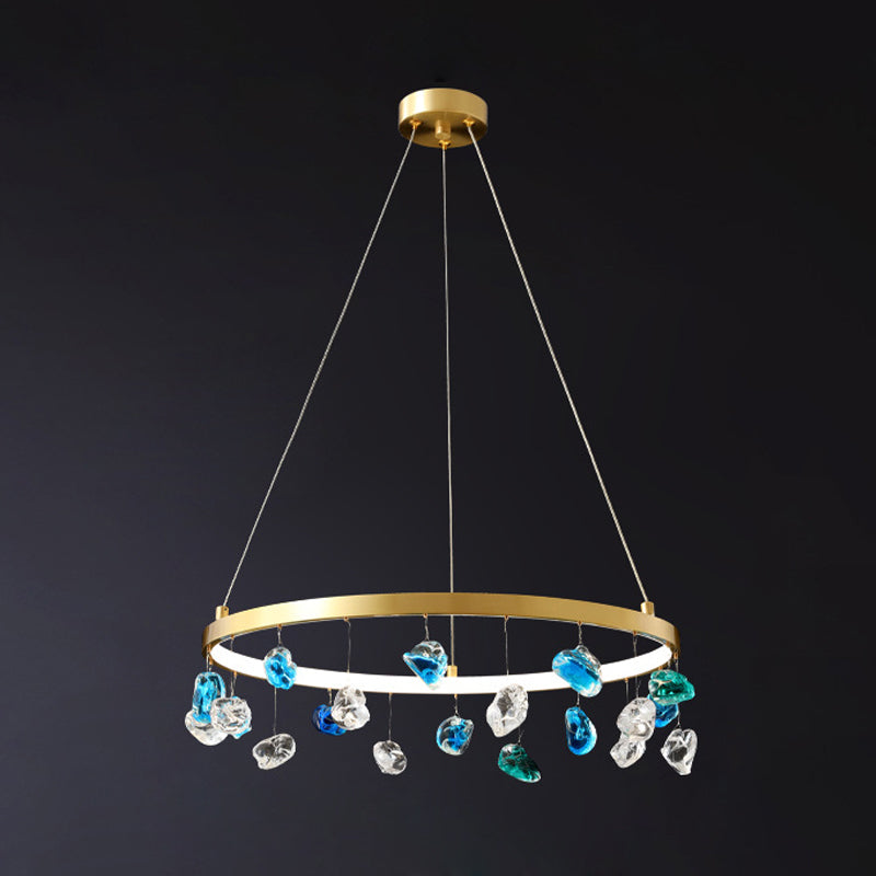 Mid Century Circle LED Chandelier Metal Lounge Pendant Lighting in Gold with Colored Gem Droplet, 16"/19.5" Wide Clearhalo 'Ceiling Lights' 'Chandeliers' 'Modern Chandeliers' 'Modern' Lighting' 1457557