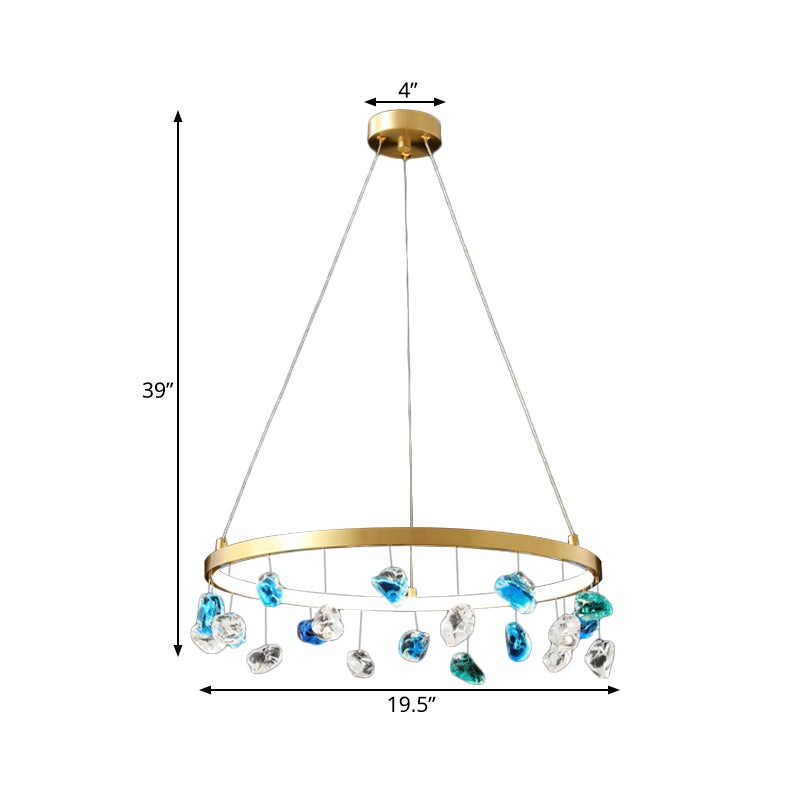 Mid Century Circle LED Chandelier Metal Lounge Pendant Lighting in Gold with Colored Gem Droplet, 16"/19.5" Wide Clearhalo 'Ceiling Lights' 'Chandeliers' 'Modern Chandeliers' 'Modern' Lighting' 1457558