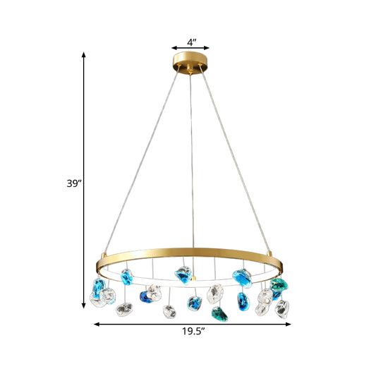 Mid Century Circle LED Chandelier Metal Lounge Pendant Lighting in Gold with Colored Gem Droplet, 16"/19.5" Wide Clearhalo 'Ceiling Lights' 'Chandeliers' 'Modern Chandeliers' 'Modern' Lighting' 1457558