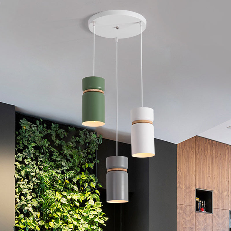 Macaron 3 Light Cluster Pendant Metallic White-Grey-Green Tube Hanging Light with Wood Band White-Grey-Green Clearhalo 'Ceiling Lights' 'Modern Pendants' 'Modern' 'Pendant Lights' 'Pendants' Lighting' 1457559