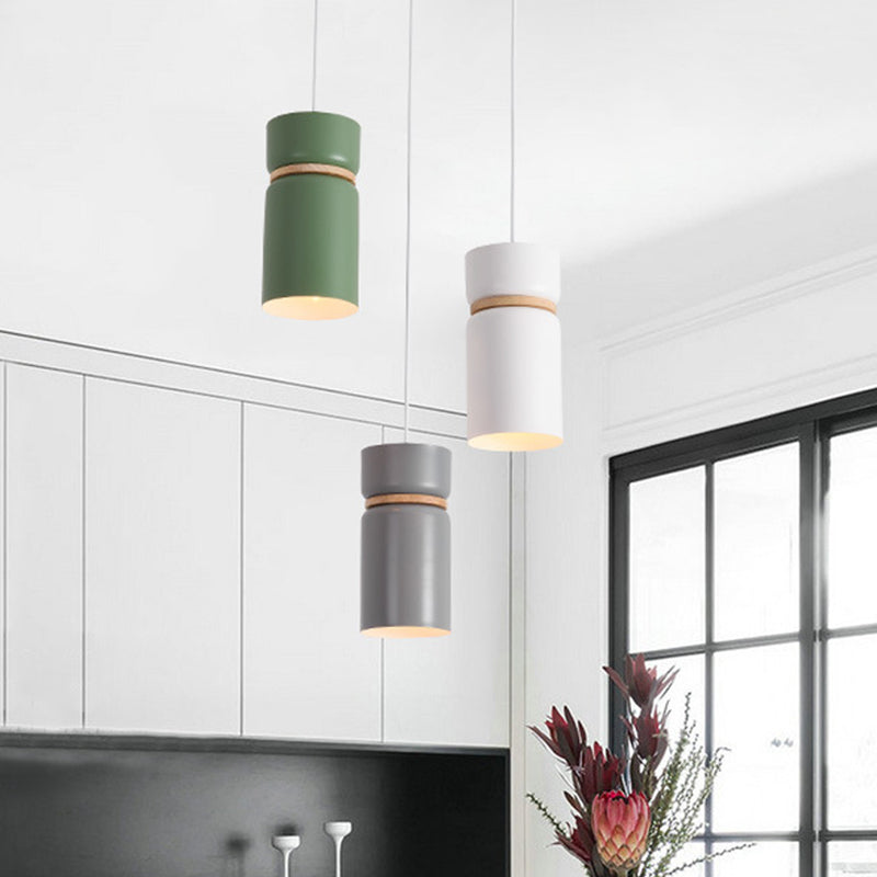 Macaron 3 Light Cluster Pendant Metallic White-Grey-Green Tube Hanging Light with Wood Band Clearhalo 'Ceiling Lights' 'Modern Pendants' 'Modern' 'Pendant Lights' 'Pendants' Lighting' 1457561