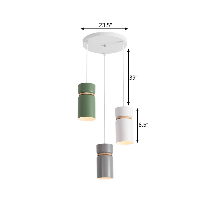 Macaron 3 Light Cluster Pendant Metallic White-Grey-Green Tube Hanging Light with Wood Band Clearhalo 'Ceiling Lights' 'Modern Pendants' 'Modern' 'Pendant Lights' 'Pendants' Lighting' 1457563