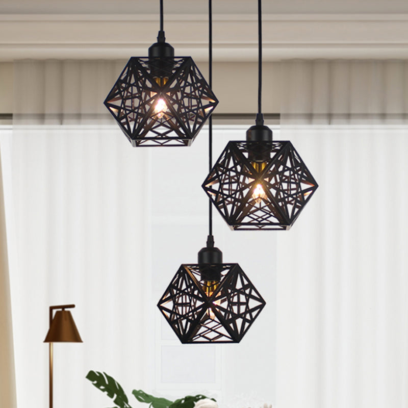 Modern Novelty Snowflake Cage Pendant Iron 3 Lights Hotel Multi Light Ceiling Light in White/Black Black Clearhalo 'Ceiling Lights' 'Modern Pendants' 'Modern' 'Pendant Lights' 'Pendants' Lighting' 1457583