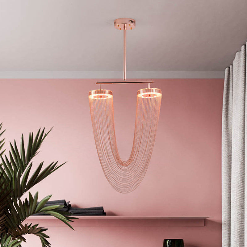 Rose Gold V Shaped Chain Fringe Pendant Modern Vogue Hand Braided Aluminum LED Hanging Ceiling Light for Loft House Clearhalo 'Ceiling Lights' 'Modern Pendants' 'Modern' 'Pendant Lights' 'Pendants' Lighting' 1457588