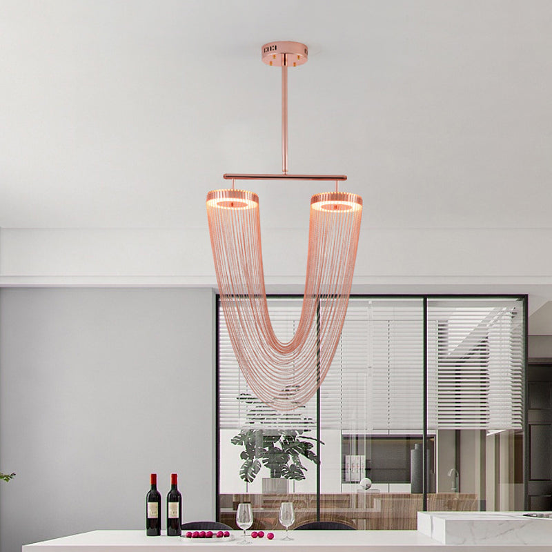 Rose Gold V Shaped Chain Fringe Pendant Modern Vogue Hand Braided Aluminum LED Hanging Ceiling Light for Loft House Clearhalo 'Ceiling Lights' 'Modern Pendants' 'Modern' 'Pendant Lights' 'Pendants' Lighting' 1457589