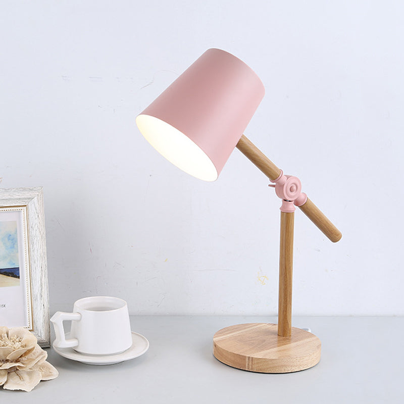 Wood Swing Arm Table Lamp Nordic 1 Light Nightstand Light with Barrel Shade in Black/White/Pink Clearhalo 'Lamps' 'Table Lamps' Lighting' 1457630