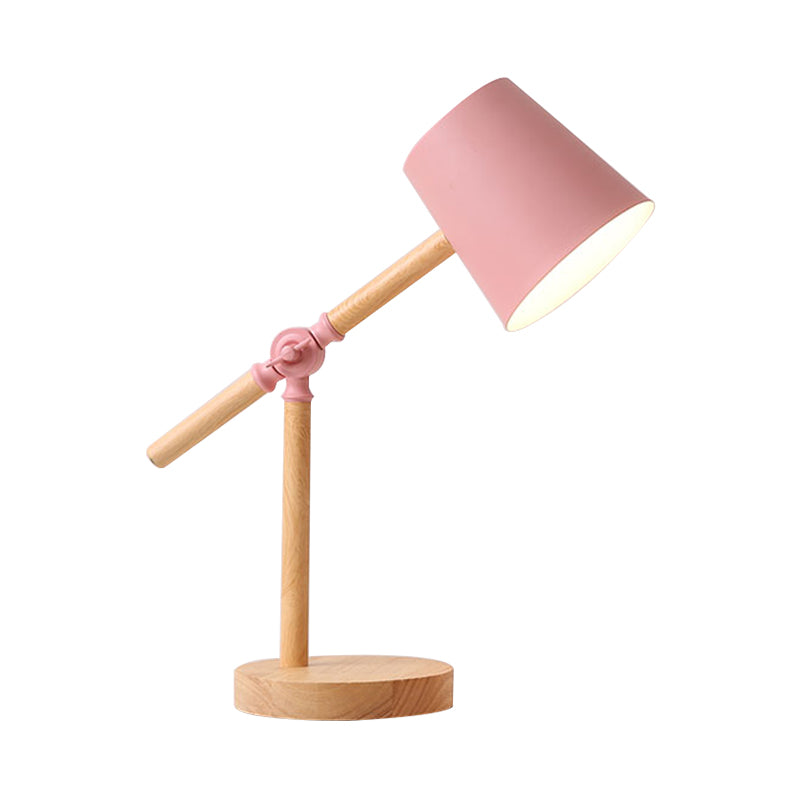Wood Swing Arm Table Lamp Nordic 1 Light Nightstand Light with Barrel Shade in Black/White/Pink Clearhalo 'Lamps' 'Table Lamps' Lighting' 1457631