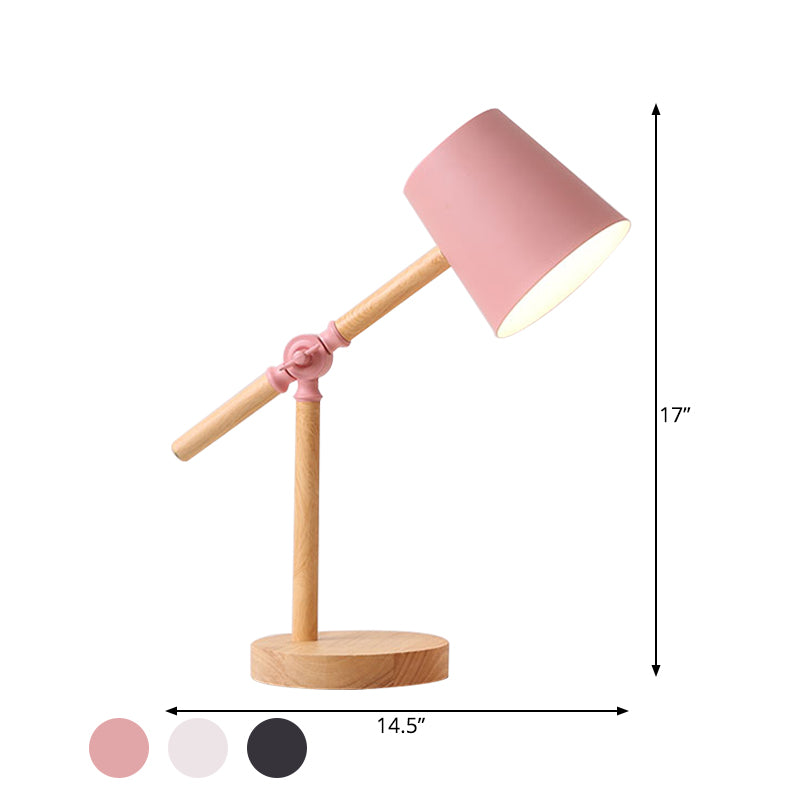 Wood Swing Arm Table Lamp Nordic 1 Light Nightstand Light with Barrel Shade in Black/White/Pink Clearhalo 'Lamps' 'Table Lamps' Lighting' 1457633