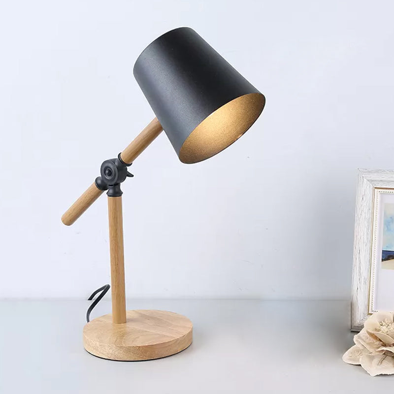 Wood Swing Arm Table Lamp Nordic 1 Light Nightstand Light with Barrel Shade in Black/White/Pink Clearhalo 'Lamps' 'Table Lamps' Lighting' 1457639