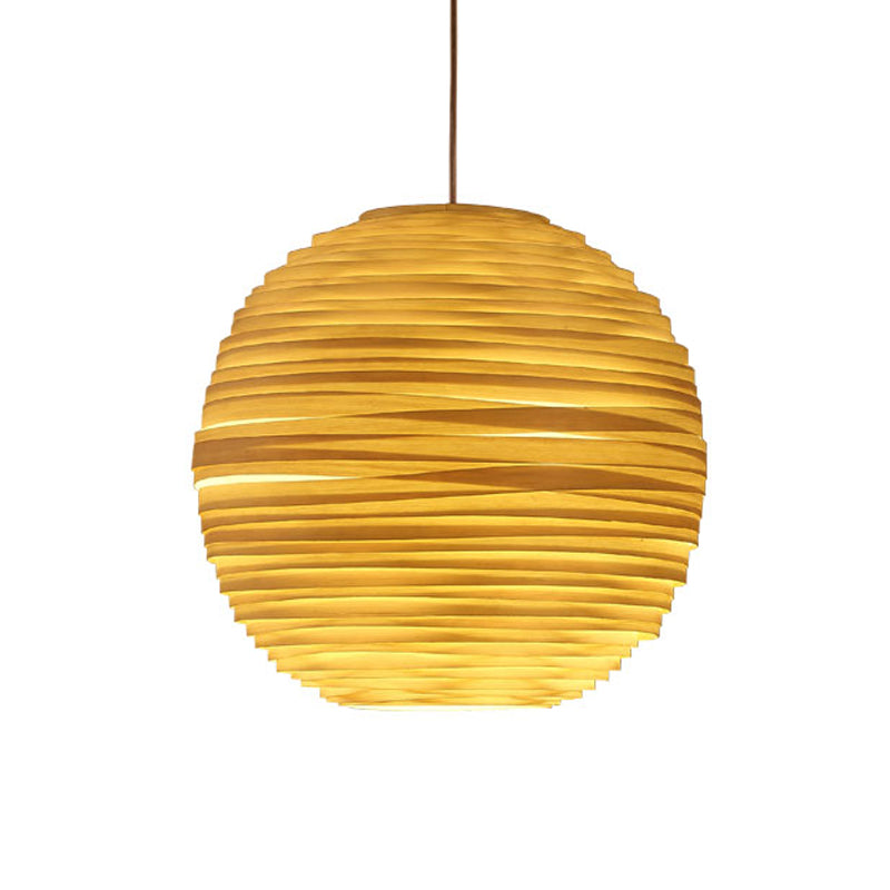 Ribbed Globe Wine Bar Pendulum Light Crafted Wood 1 Head Asian Style Hanging Pendant in Beige Clearhalo 'Ceiling Lights' 'Pendant Lights' 'Pendants' Lighting' 1457798