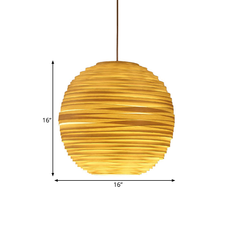 Ribbed Globe Wine Bar Pendulum Light Crafted Wood 1 Head Asian Style Hanging Pendant in Beige Clearhalo 'Ceiling Lights' 'Pendant Lights' 'Pendants' Lighting' 1457799