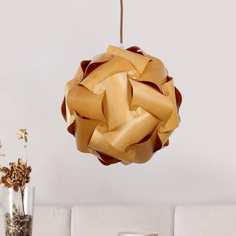 Pieced Globe Dinette Drop Pendant Wood 1 Bulb Minimalist Hanging Light Kit in Light-Brown Wood Clearhalo 'Ceiling Lights' 'Pendant Lights' 'Pendants' Lighting' 1457806_79980ba6-1e98-4e79-acad-e58024d51f85